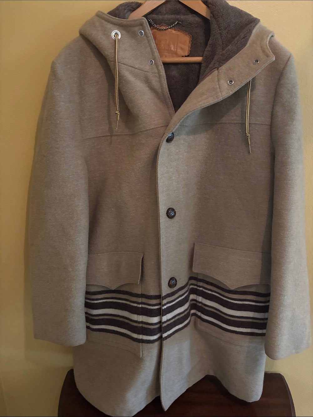 Woolrich Men's Hooded Pea Coat in Taupe with Stripe Accents